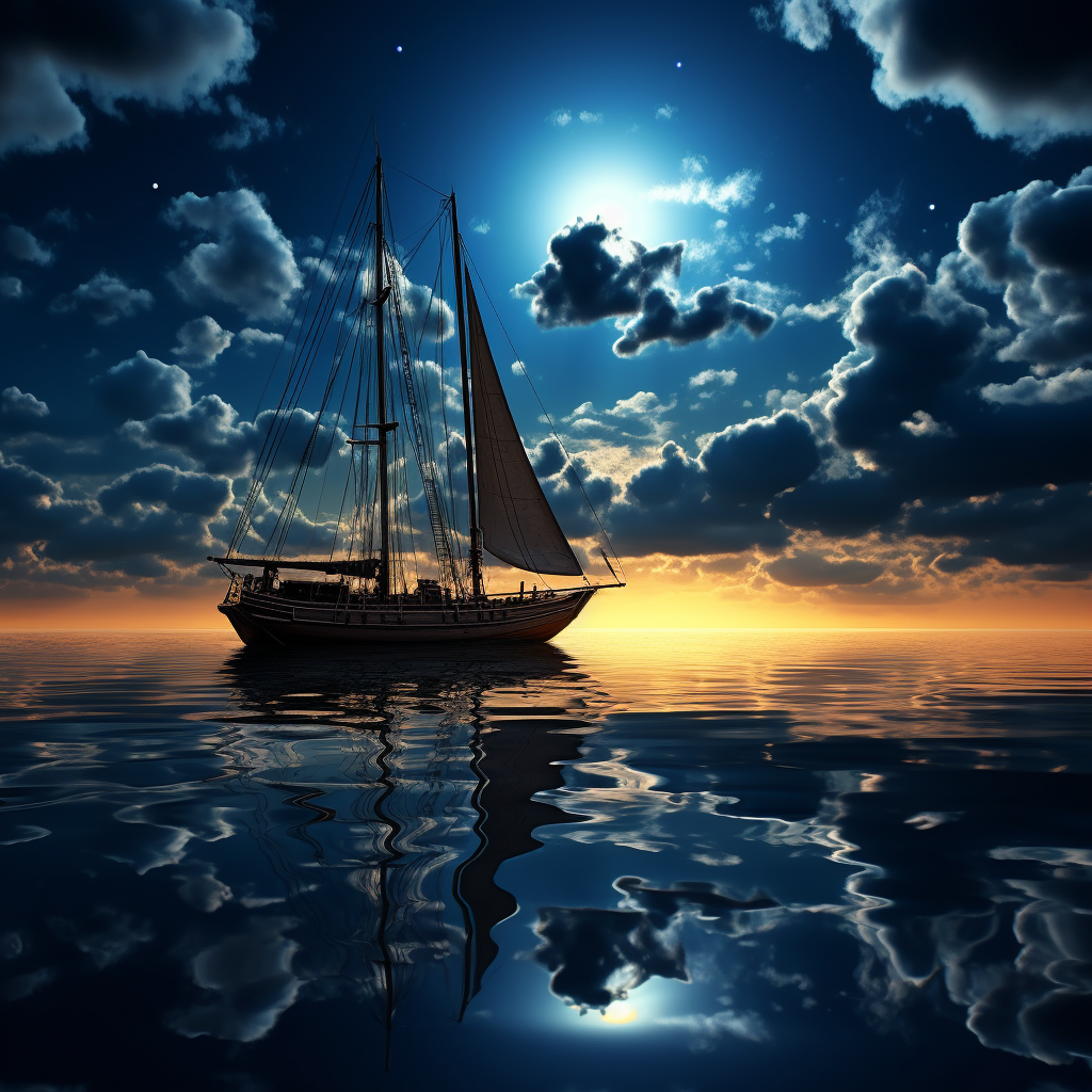 Sailing boat in moonlit calm sea