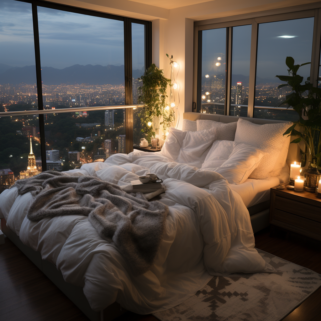 White king bed in room with city view at night