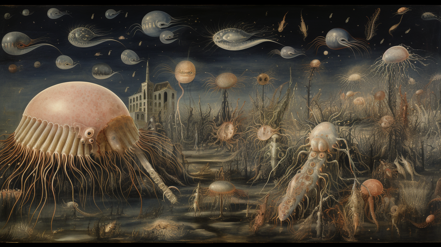 Fresco featuring fantastical creatures from the Cambrian Explosion