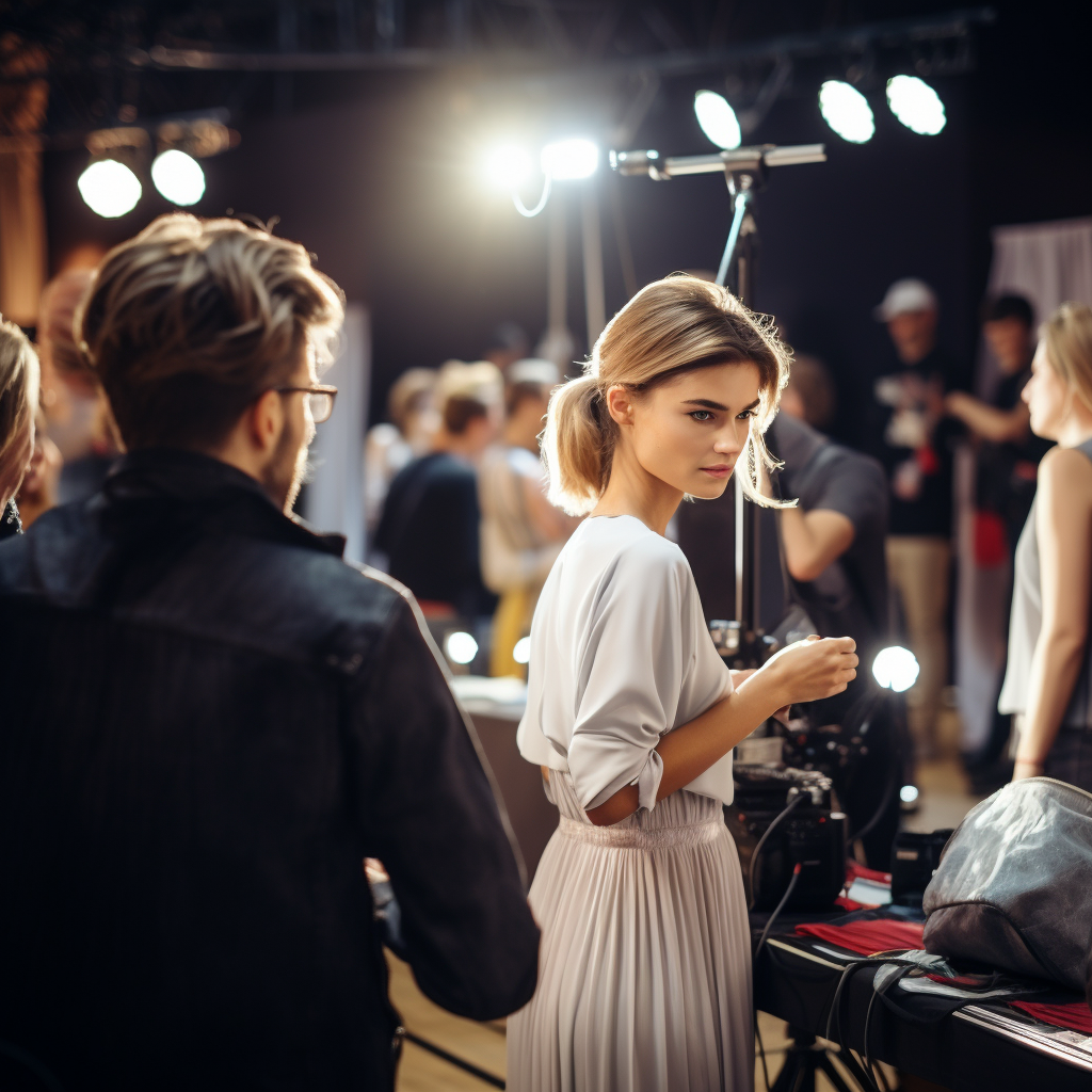 Stylist styling model at fashion catwalk backstage