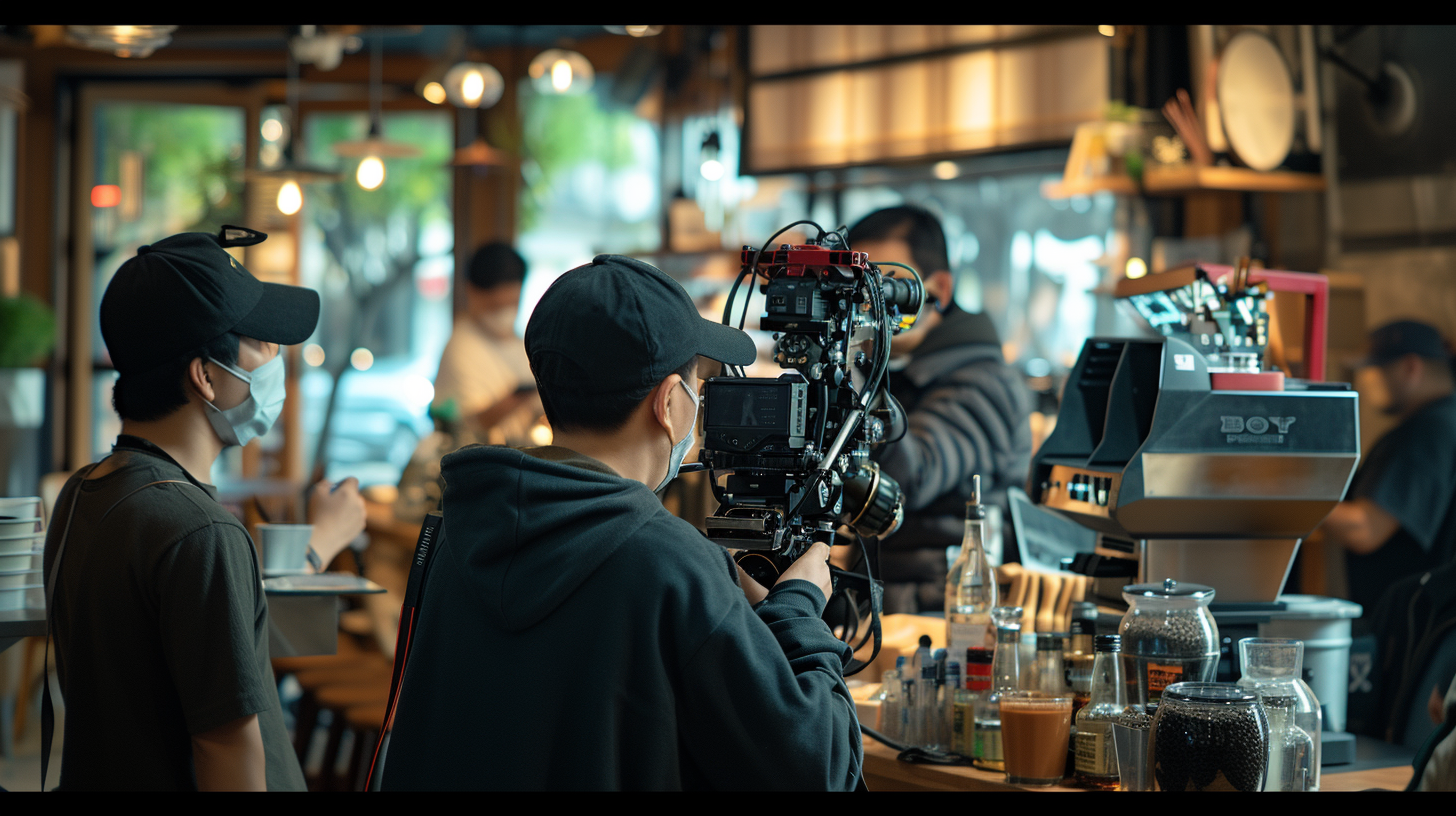 Cameramen shooting ad in coffee shop