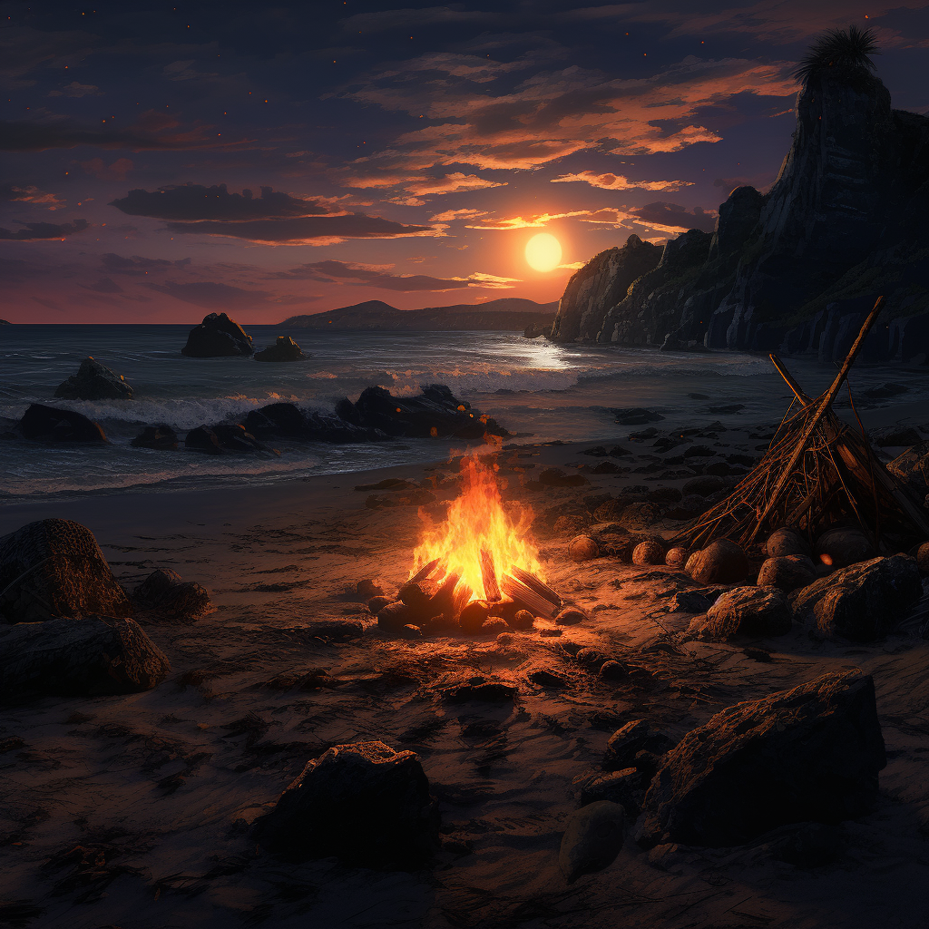 Glowing campfire on blacksand beach