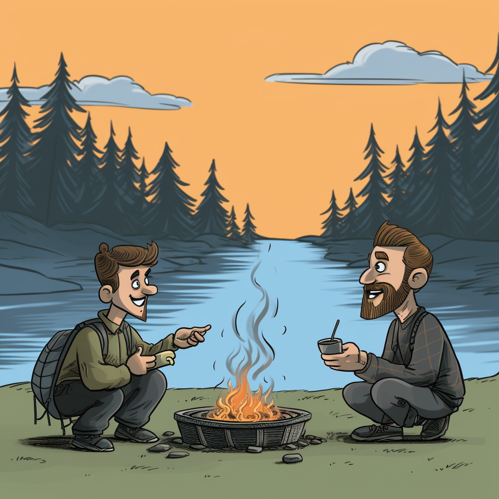 Two men enjoying coffee by the lake