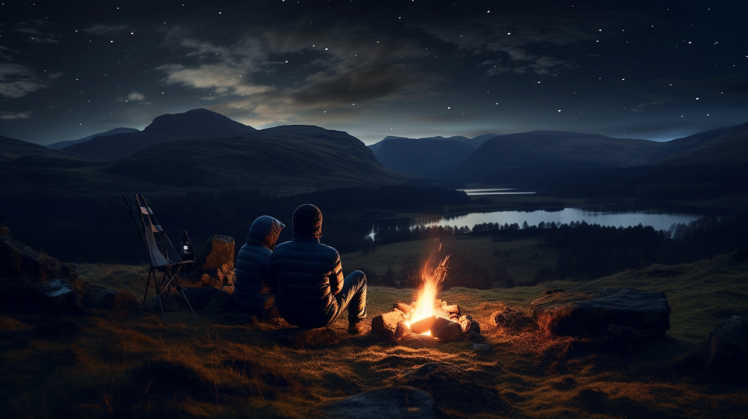 Friends sitting by campfire Scottish Highlands at night