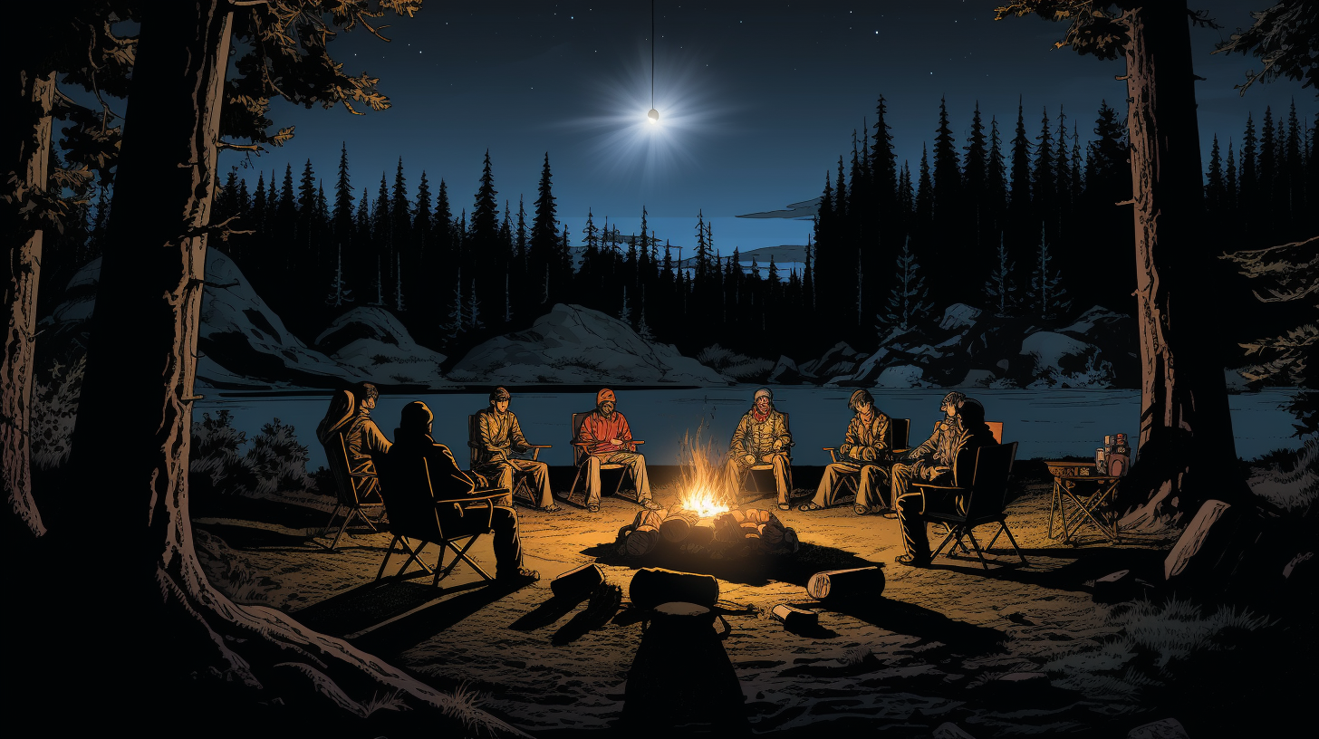 Group enjoying campfire stories at night