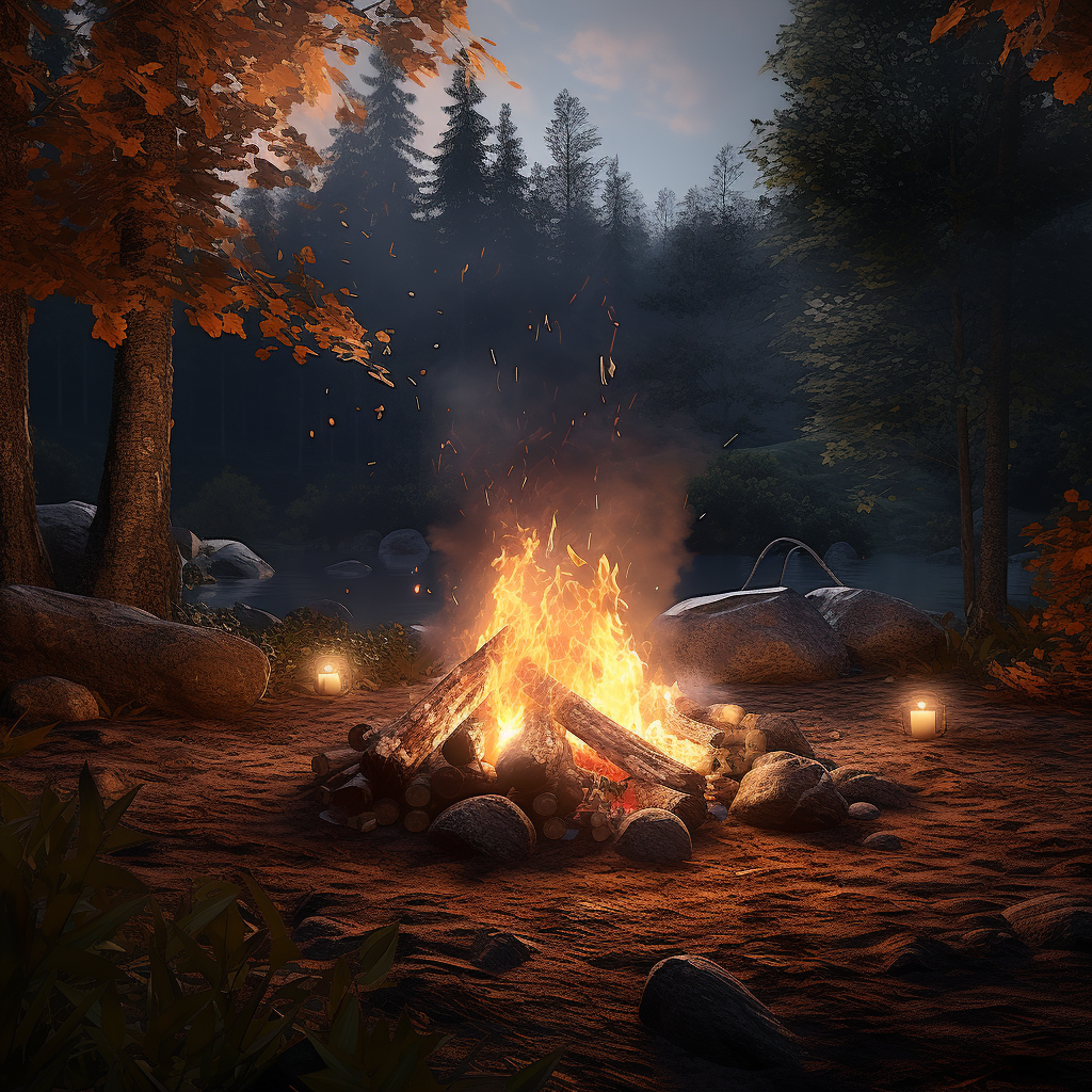 Campfire in Night Camping Scene