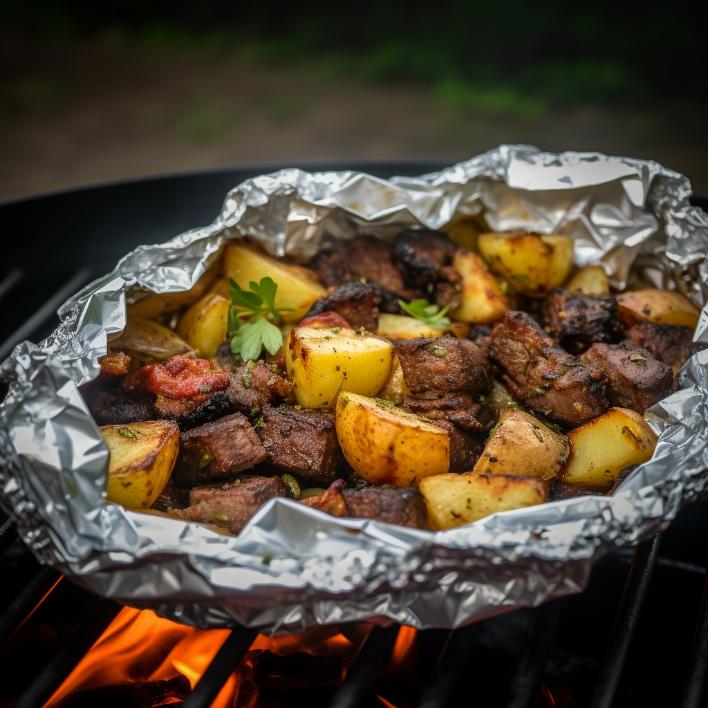 Roasted beef and potatoes over a campfire