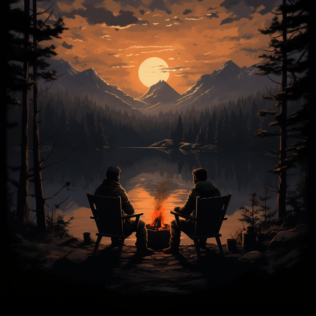 Two men by campfire near lake