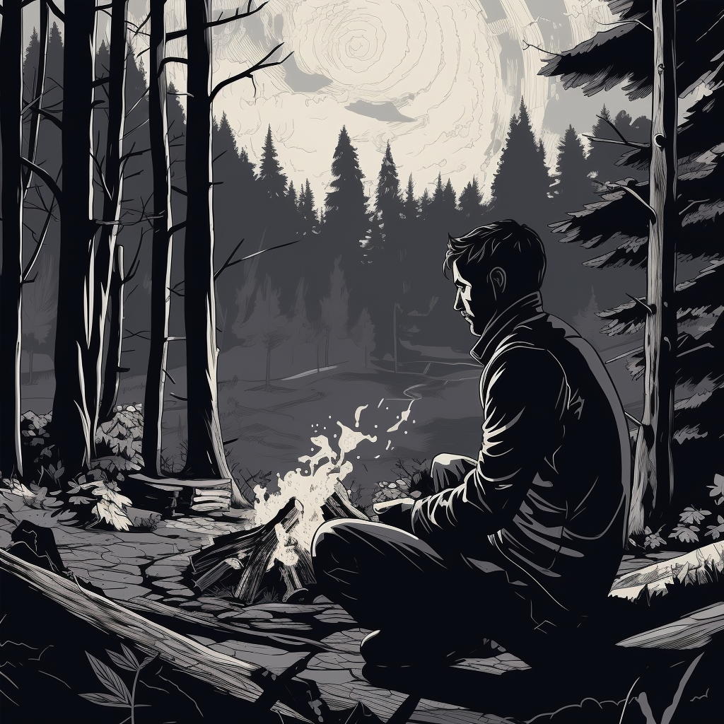 Black and white drawing of a man sitting at a campfire