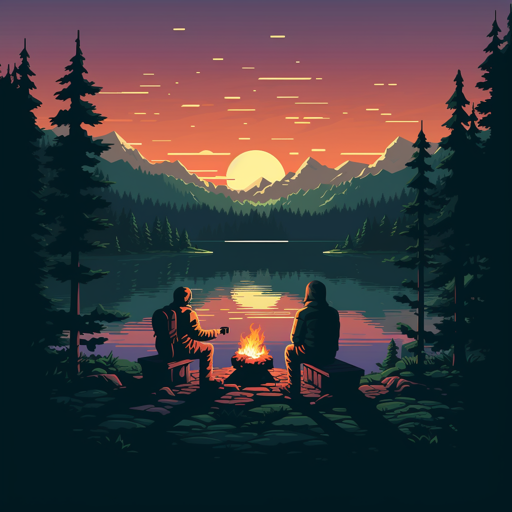 Two men enjoying campfire with guksis