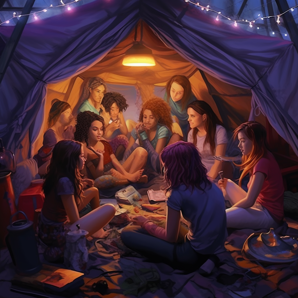 Girls enjoying camping inside a tent