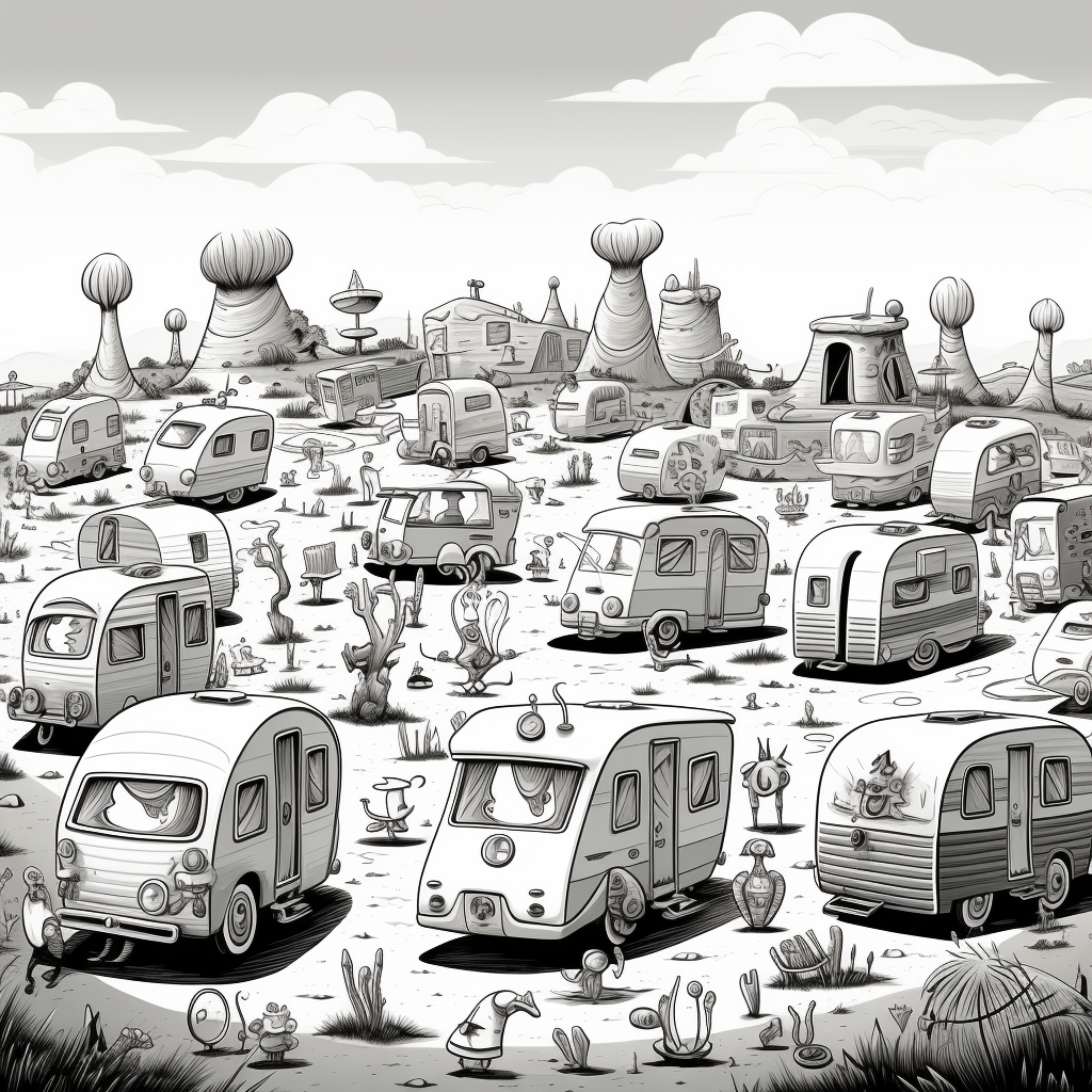 Black and White Cartoon Camping Scene