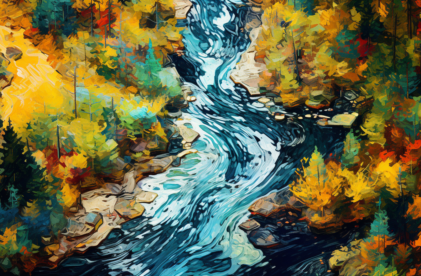 Rapid river flowing through Canadian autumn forest