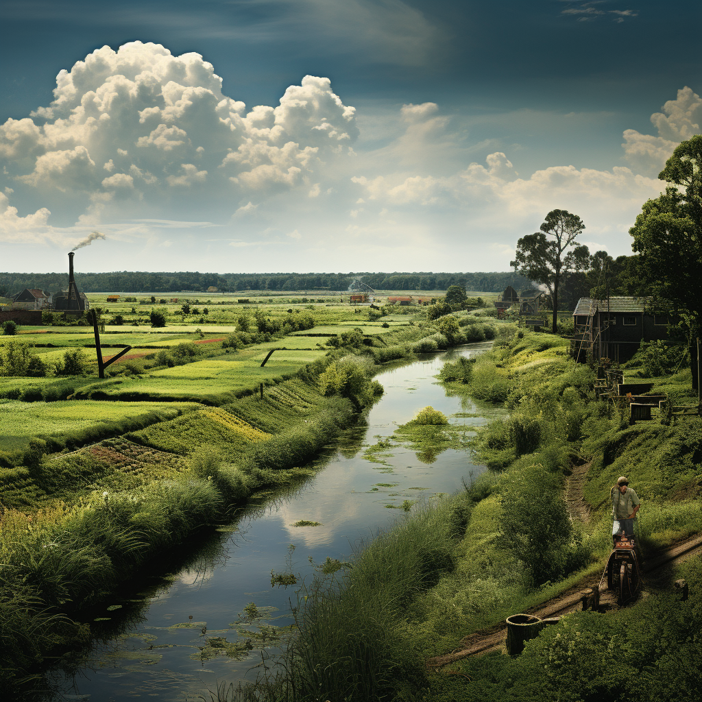 Scenic Canal with Lush Agricultural Fields