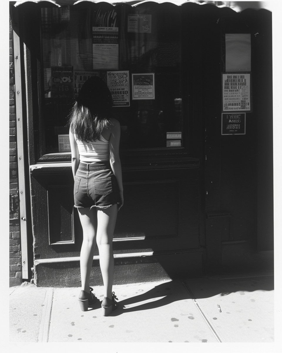 Candid photo of Asian girl in denim skirt under awning