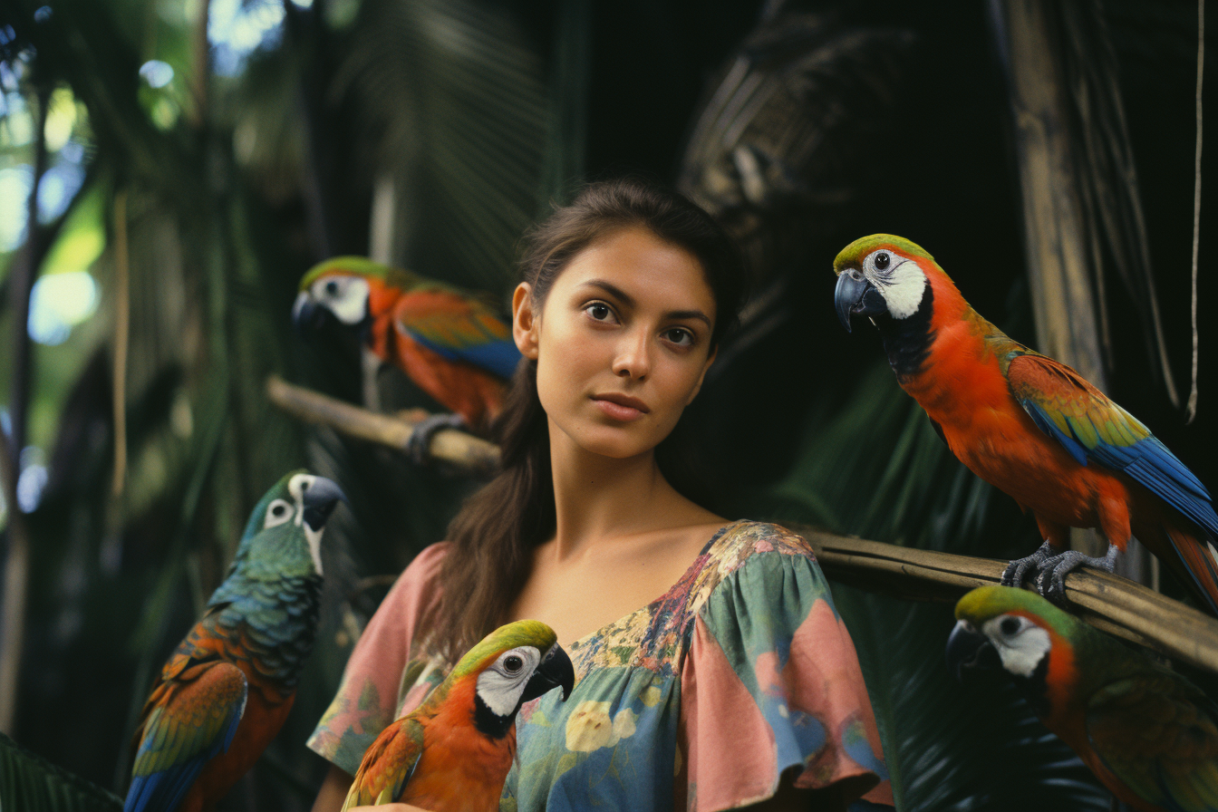 Young woman posing with oversized parrots in the jungle