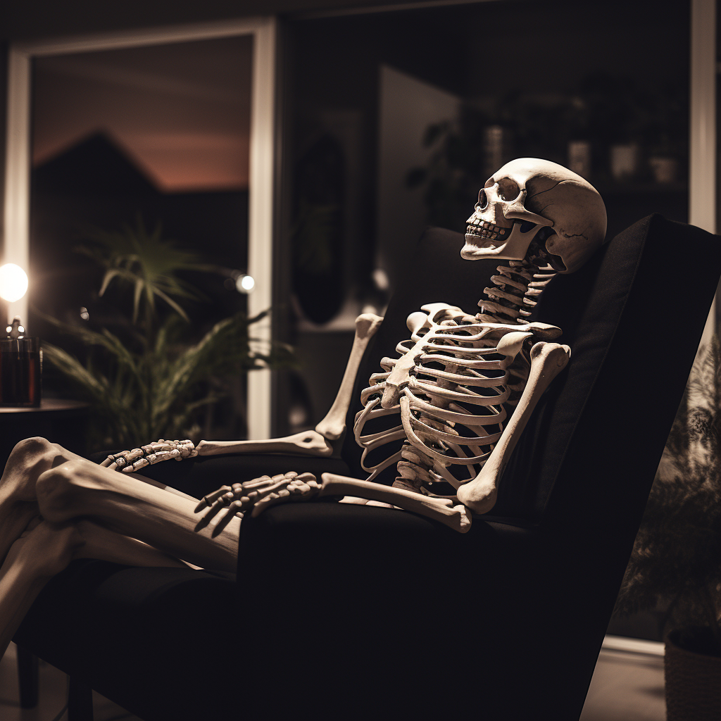 Candid photo of skeleton on lounge chair