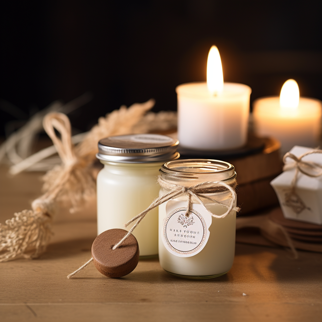 Candle Bonbonniere with Sticker Seal on Rustic Table