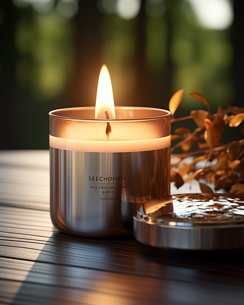 Closeup of a candle with wood wick in metal tin