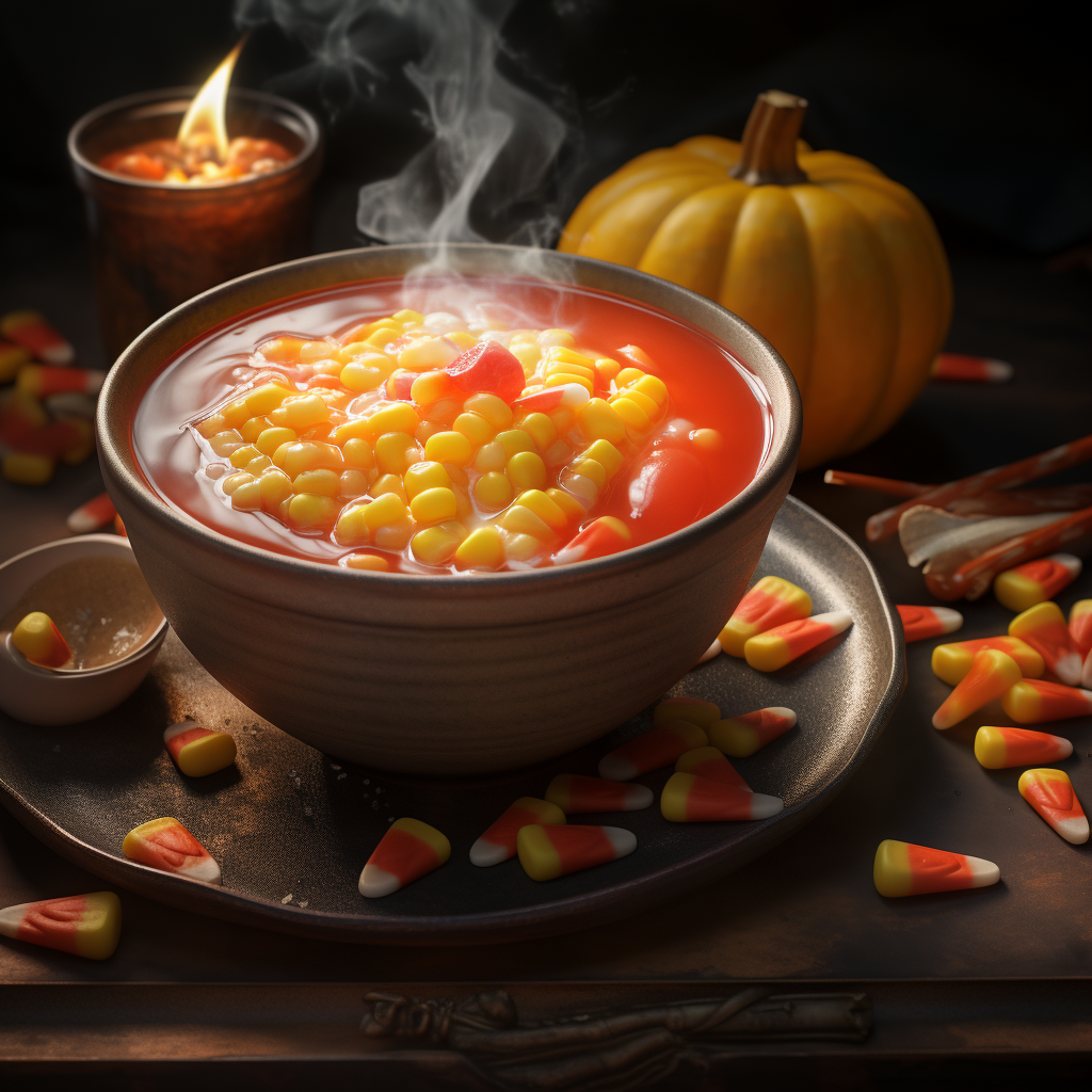 A steaming bowl of candy corn soup