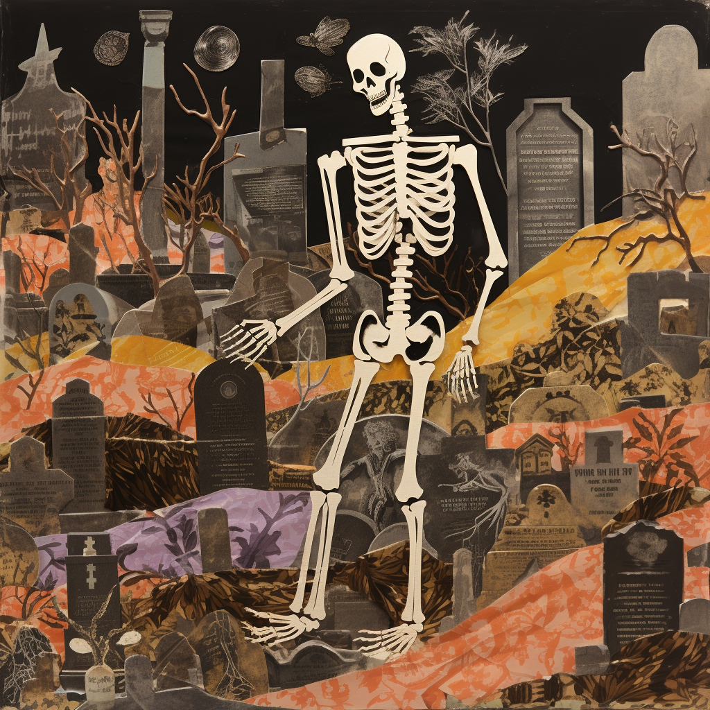 Candy wrapper collage of spooky graveyard with dancing mummies