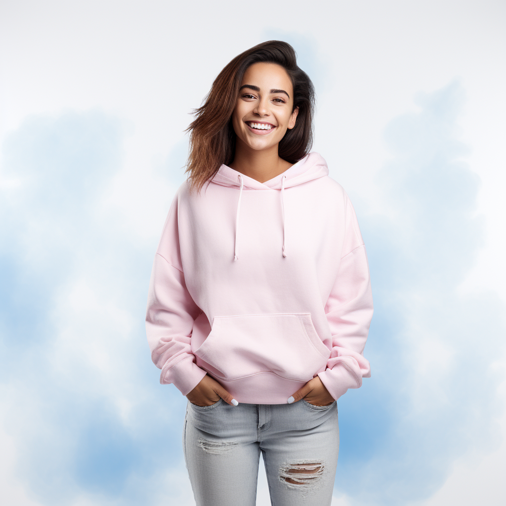 Smiling woman in Candyfloss Pink sweatshirt hoodie