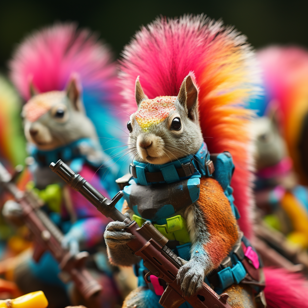 Rainbow squirrels in battle armor