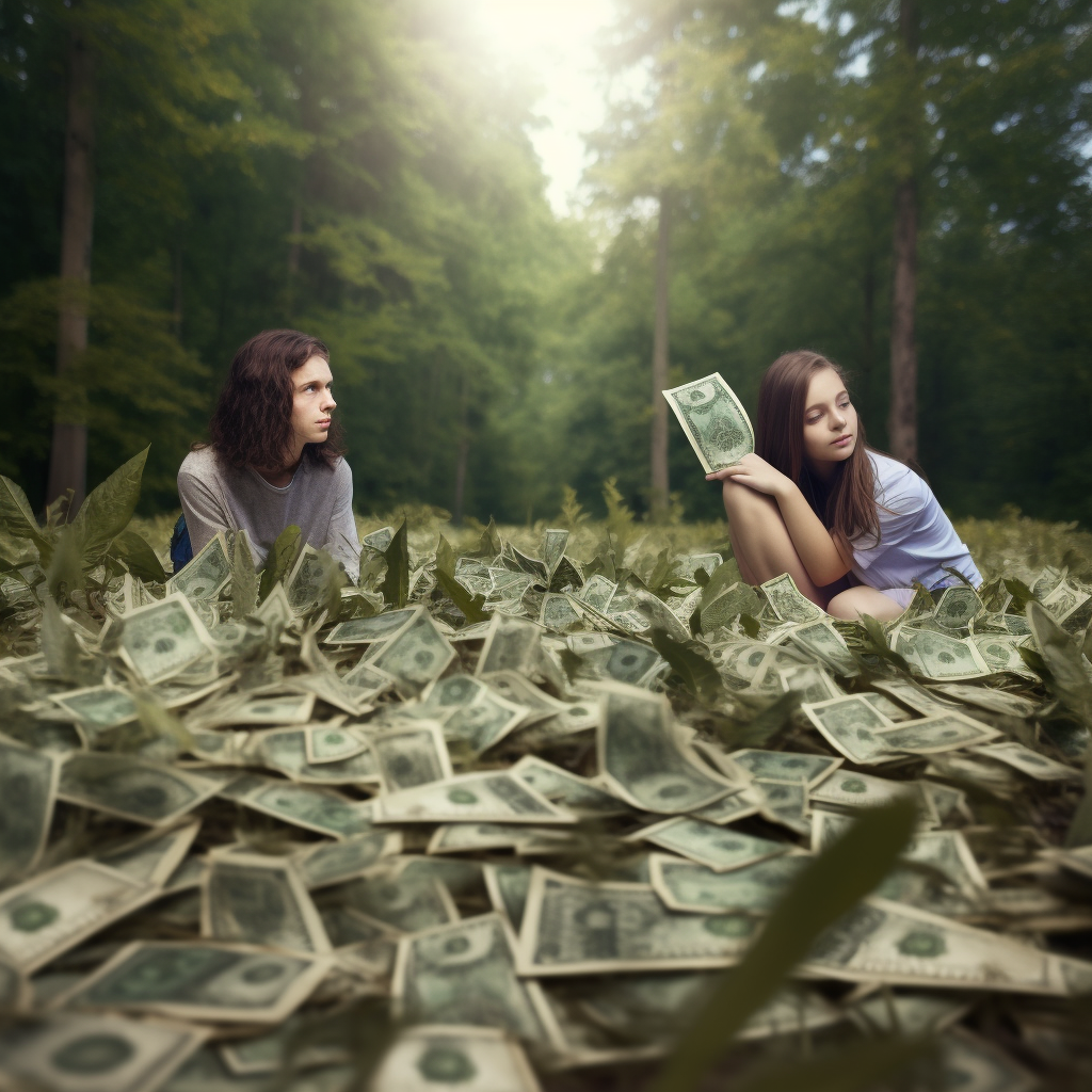 Cannabis field with dollars and couple