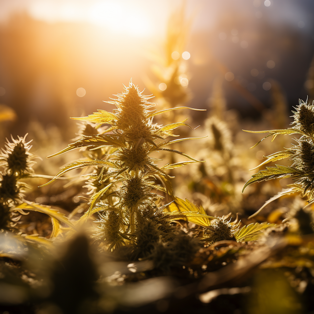 Beautiful cannabis field with golden backdrop