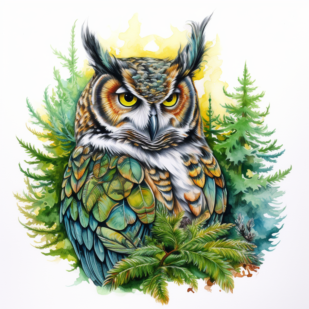 Cannabis-themed owl drawing in watercolor style