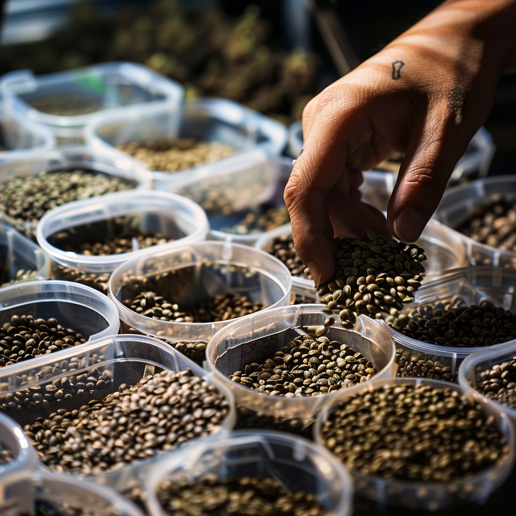 Young hand sorting cannabis seeds