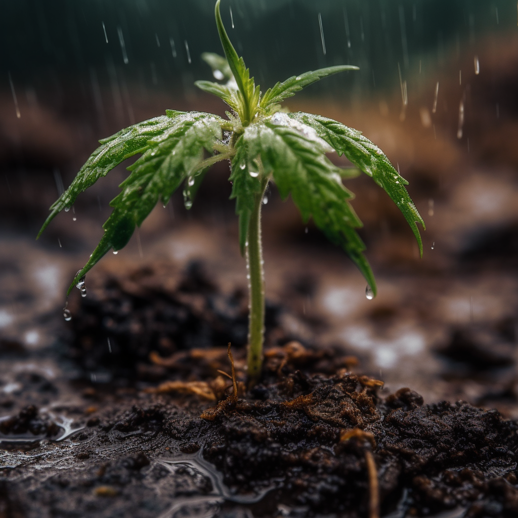 Cannabis sprout bending raindrops symbol