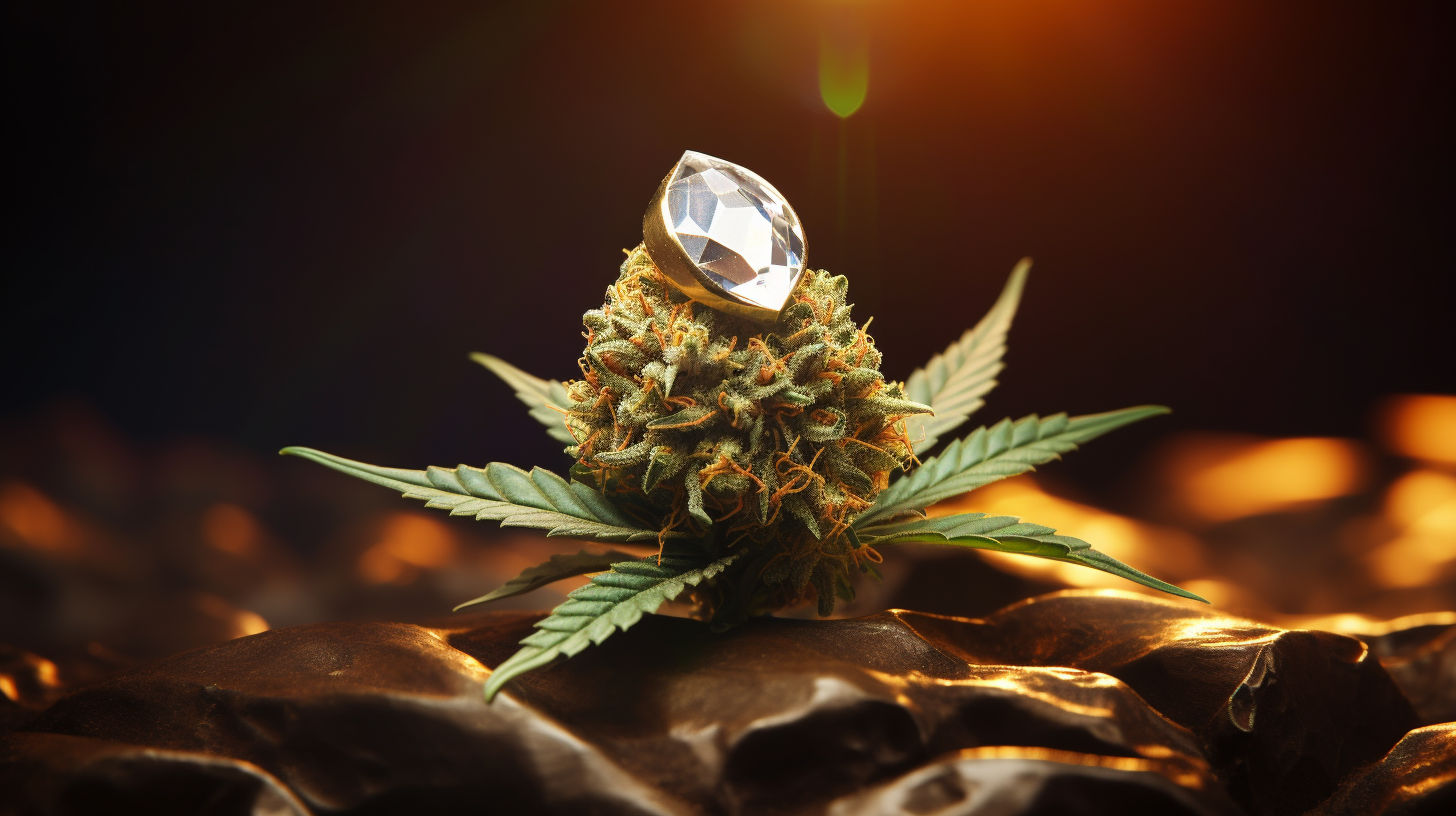 Photorealistic cannabis bud with diamonds and gold