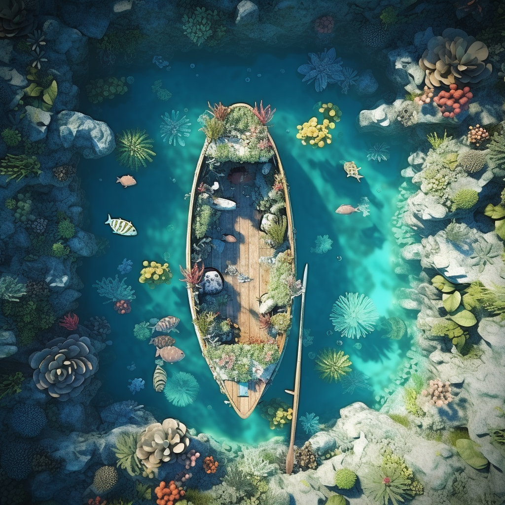 Scenic view of a canoe on a lagoon with coral reef