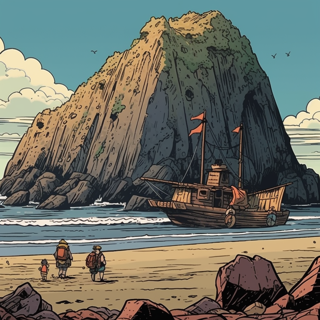 Animated cartoony image of Canon Beach with The Goonies