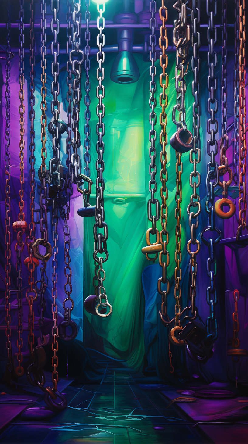 Canvas wrapped in vibrant green and purple chains