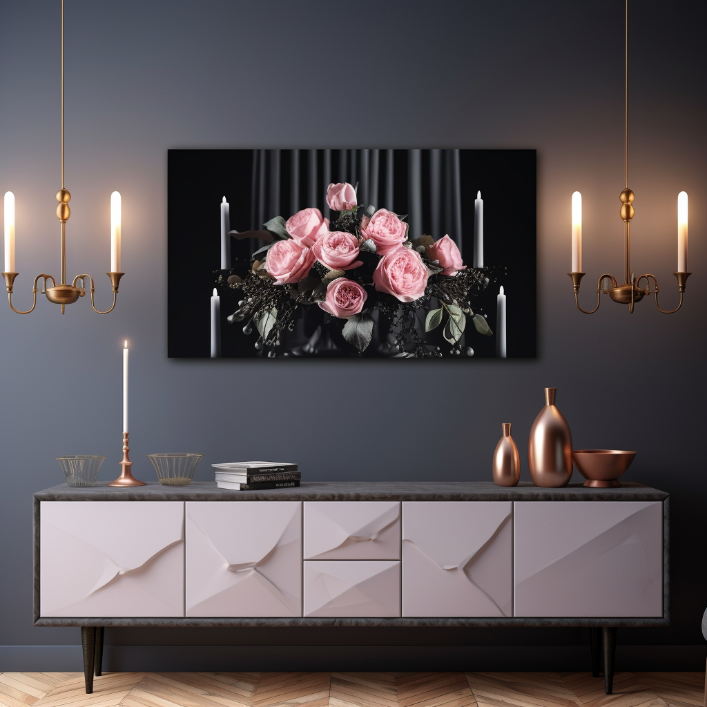 Canvas art above dresser with candles and flowers