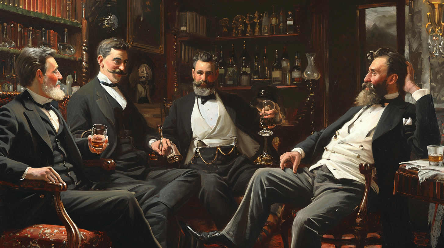 5 capitalists sitting on chairs in 19-century advertising poster style