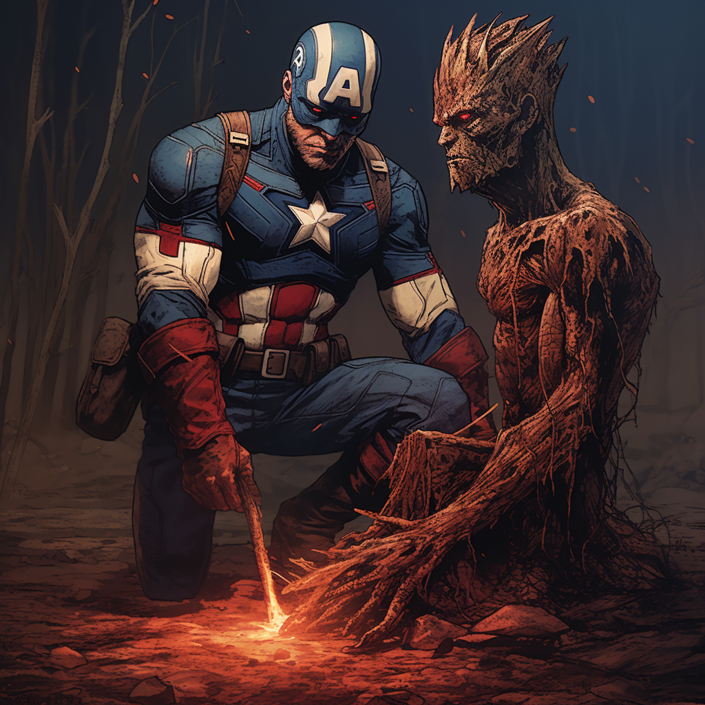 Captain America chopping fire wood with Groot