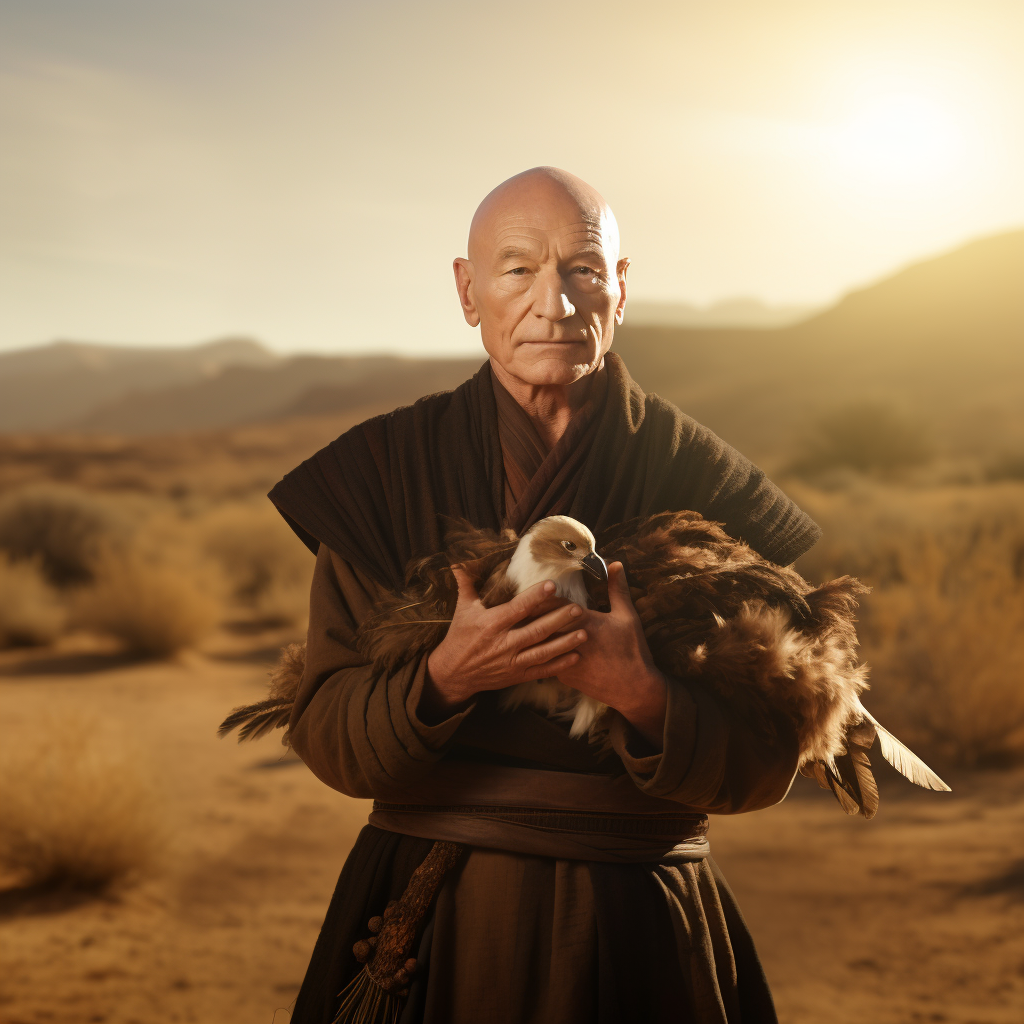 Captain Picard holding three turkey feathers