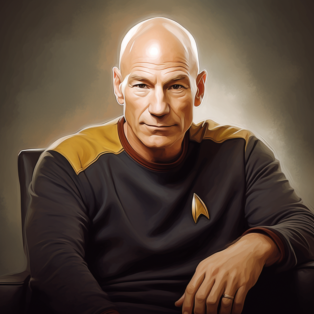 Captain Jean-Luc Picard on Enterprise Bridge, wearing a sweatshirt