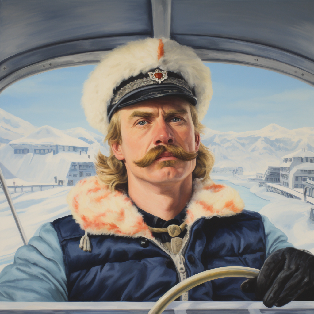 Captain steering catamaran with snowy mustache and blond hair