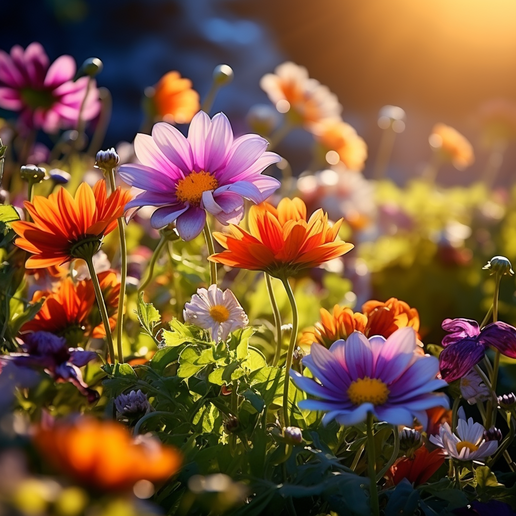 Colorful flowers and shining sun in captivating nature