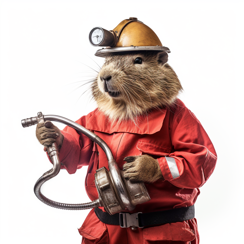 Capybara firefighter holding hose extinguishing fire