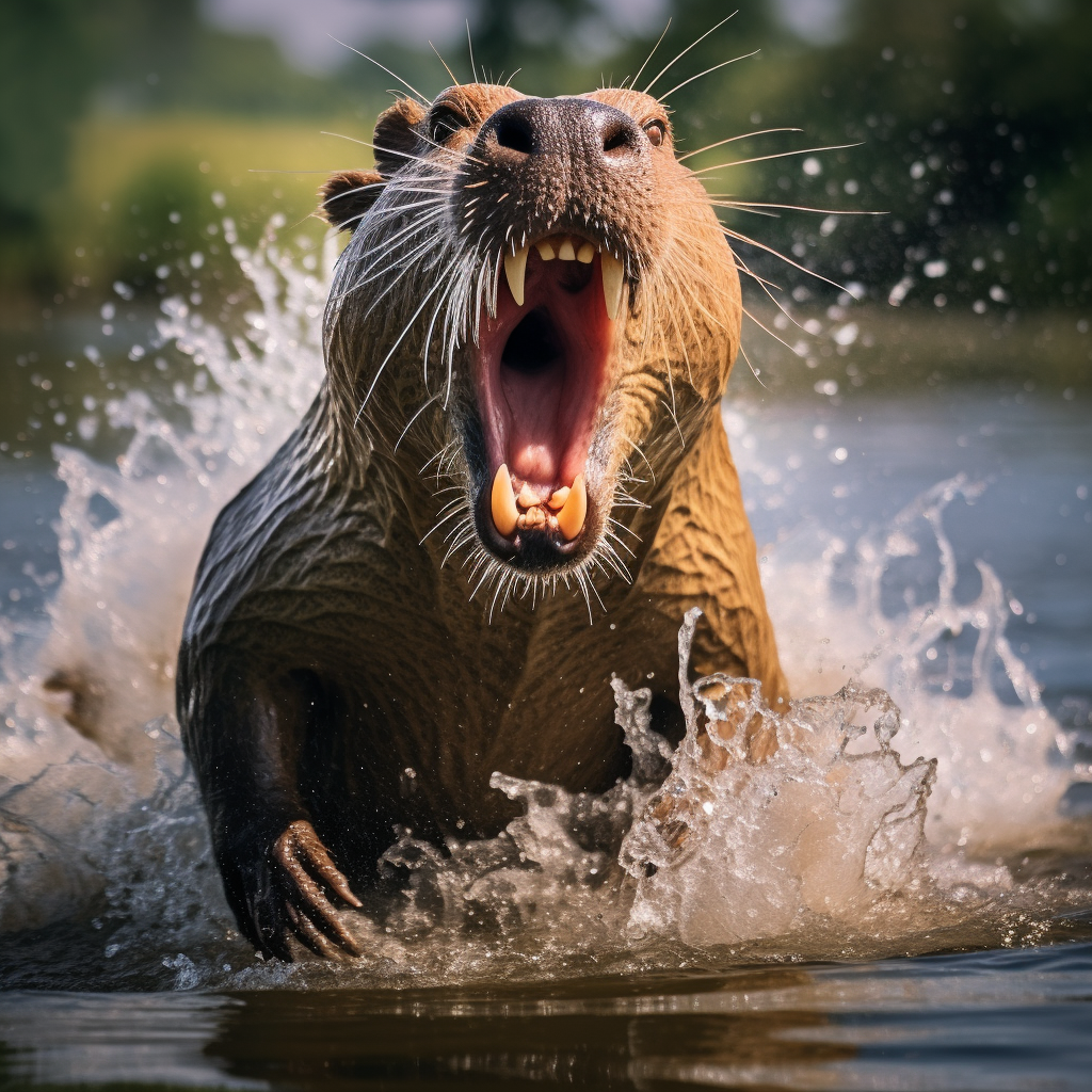 Capybara jumping on Nile crocodile head