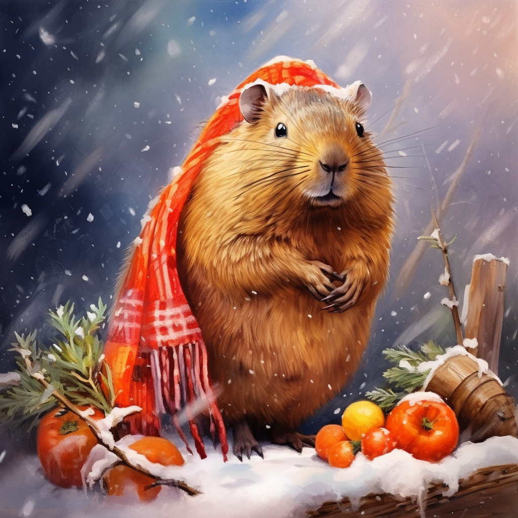 Capybara in winter with tangerines