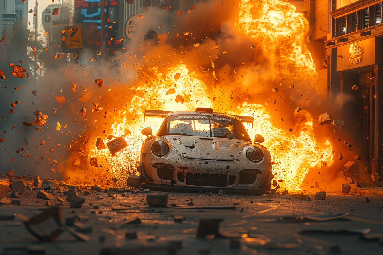 Car exploding in golden hour