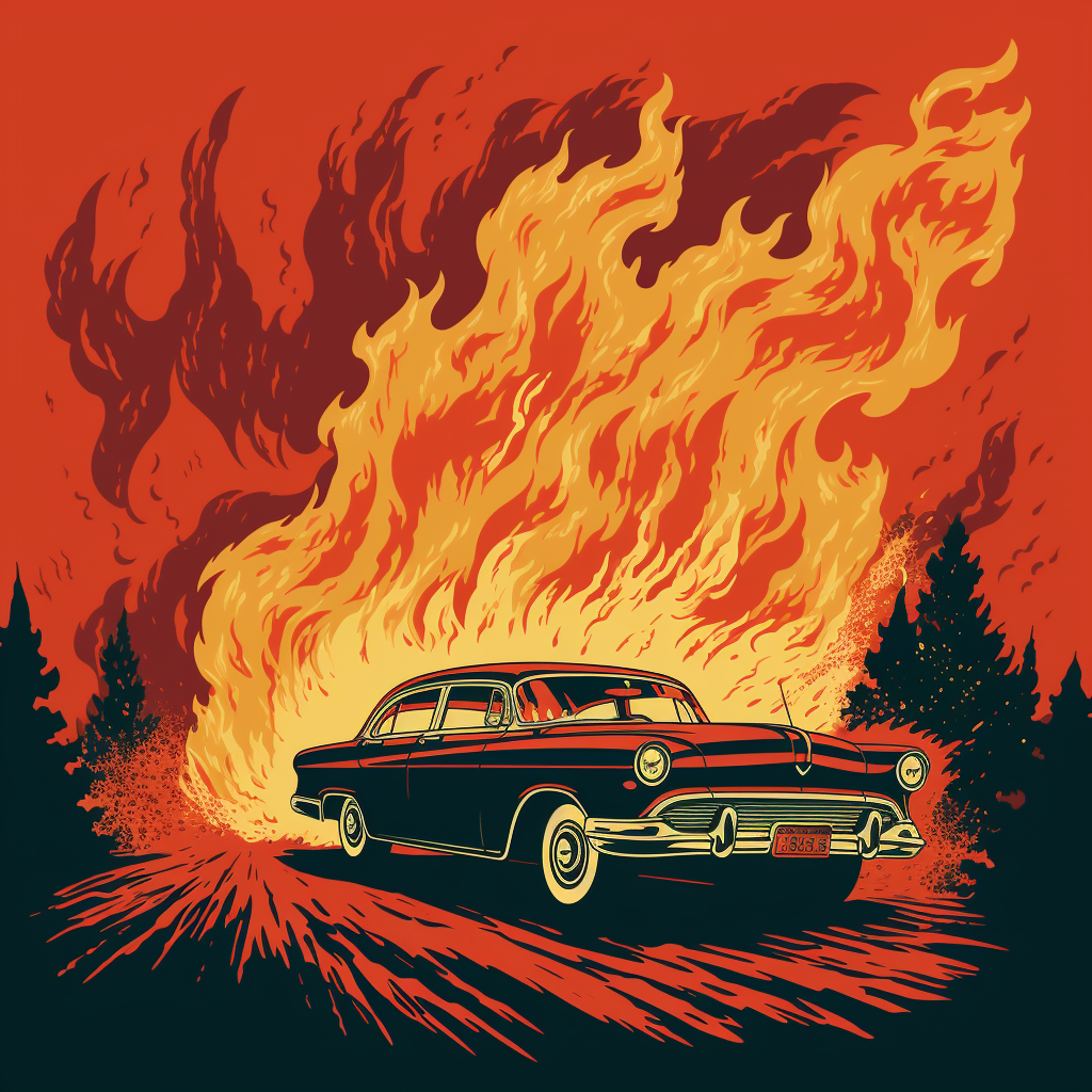 Illustration of Vintage Car on Fire