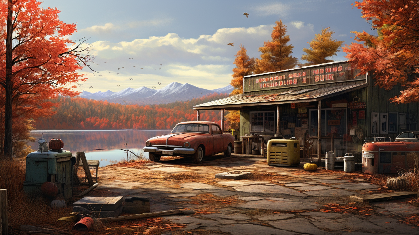 Serene car repair scene with autumn trees near a lake