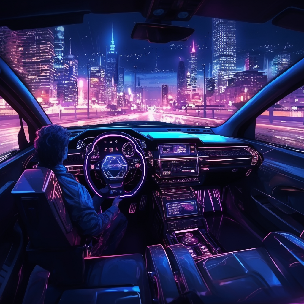 Car riding in cyberpunk city at night